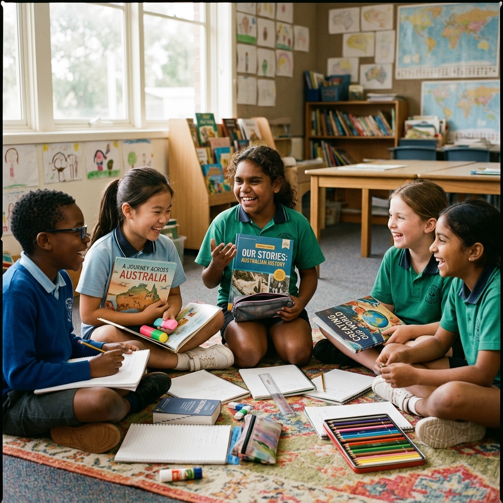 Group of diverse school children in Australia sitting on a classroom floor looking at books and laughing