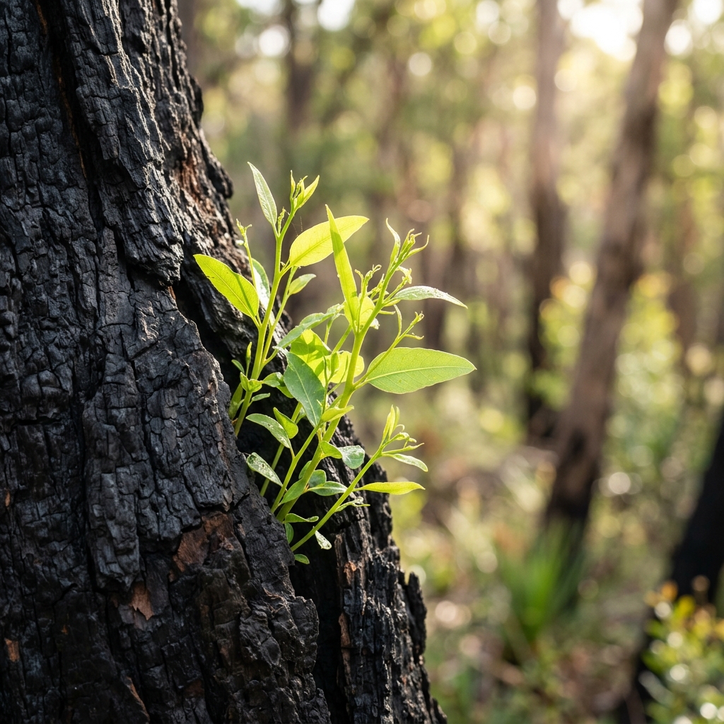 Vibrant green eucalyptus tree shoot growing out of black charred bark after a bushfire