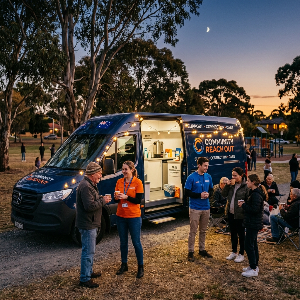 Community reach out mobile support van with warm lighting at sunset with volunteers chatting with locals